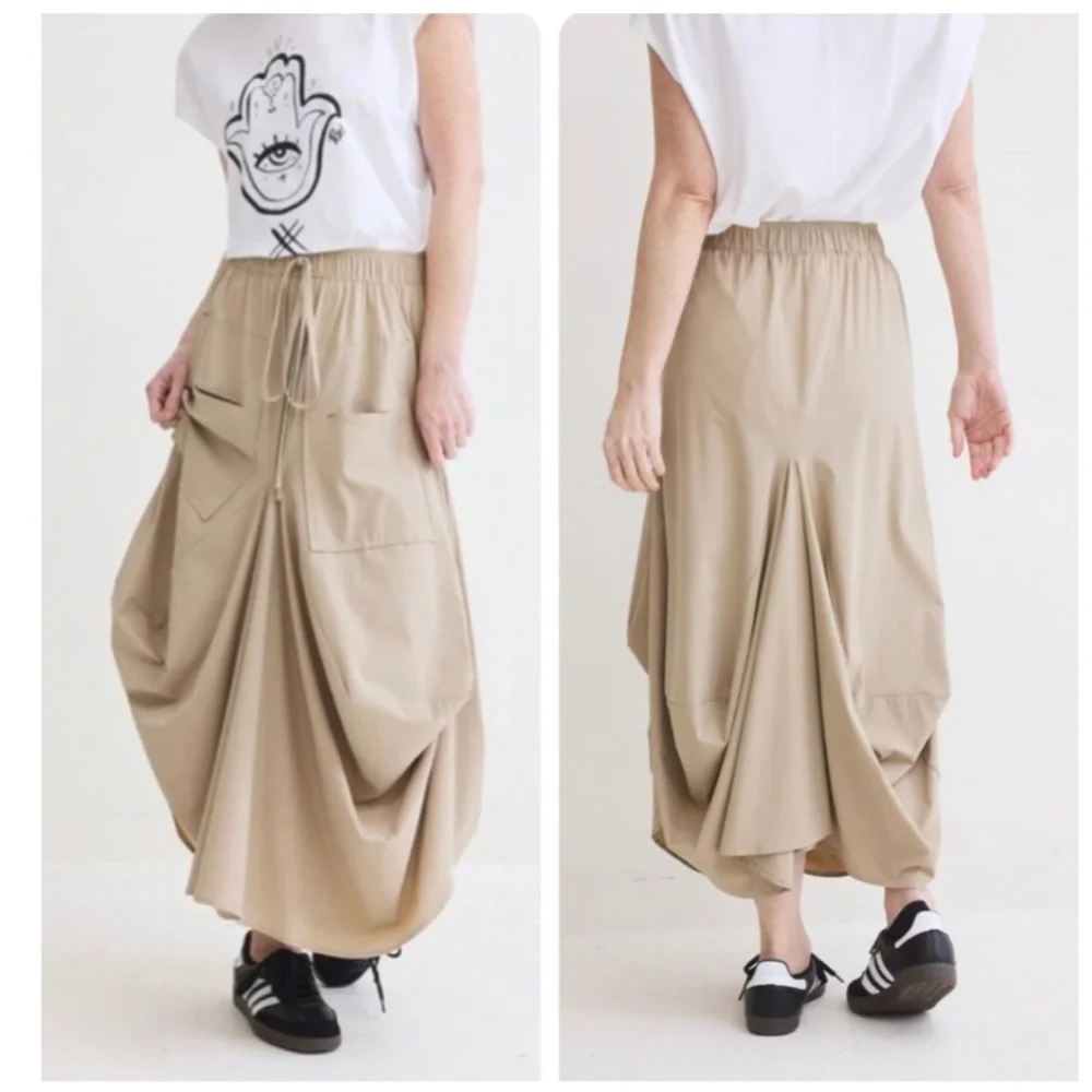 Ruti The Go-To Nylon Blend Tan Khaki Size XS / S Draped Lagenlook Midi Skirt - Picture 16 of 16